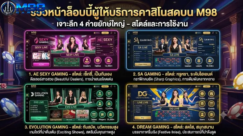 รีวิวหน้าล็อบบี้ของผู้ให้บริการคาสิโน แต่ละค่ายอย่างละเอียดบน M98